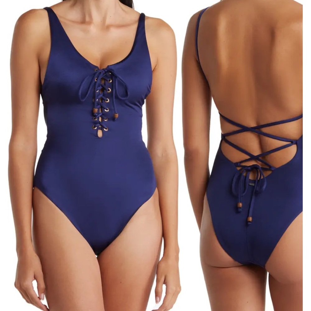 NWT Blue Sail Heavenly Lace-Up Signature One-Piece Swimsuit